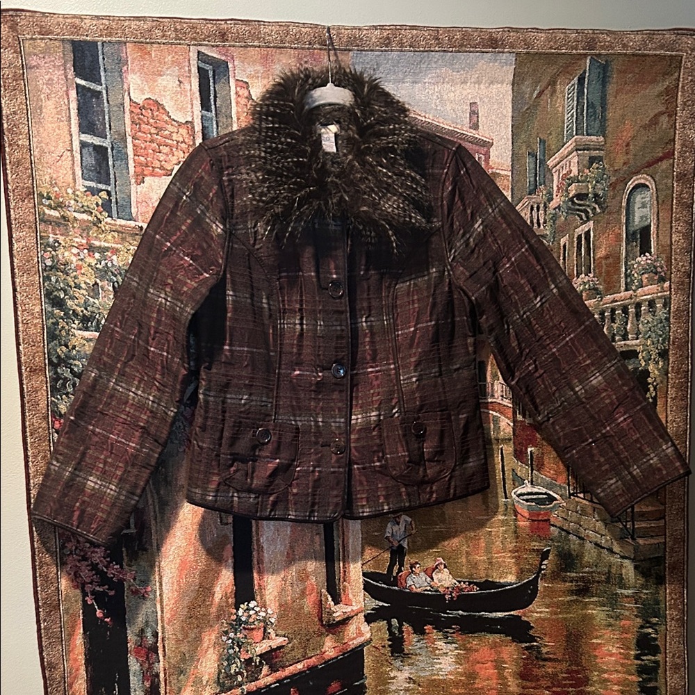 Chico's  Quilted Plaid Teddy Jacket with Removable Faux Fur Collar